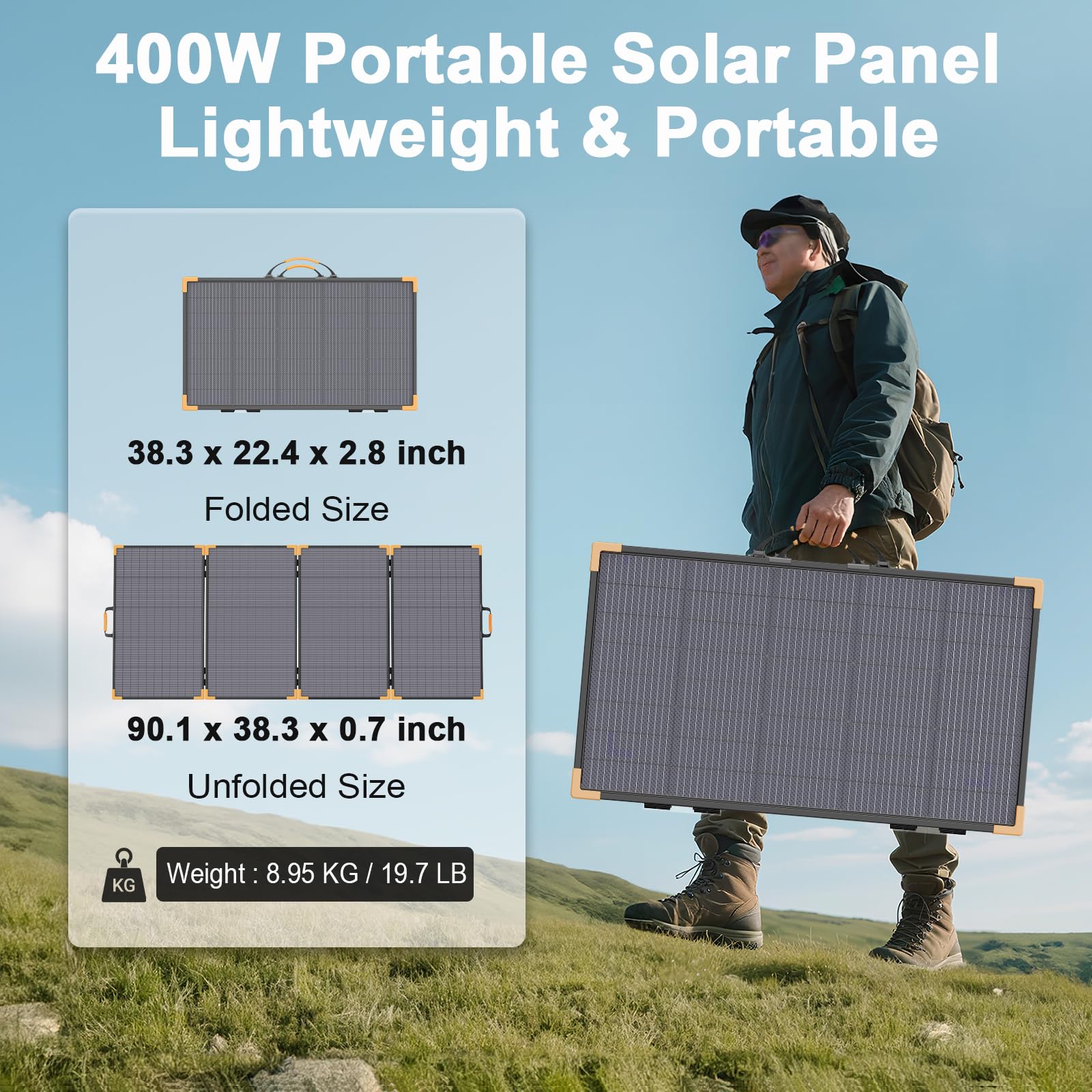 Pannello solare bifacciale portatile da 400 W, caricatore solare pieghevole leggero da 33 V per centrale elettrica, impermeabile IP68, 23,5% ad alta efficienza, con cavalletto regolabile, per