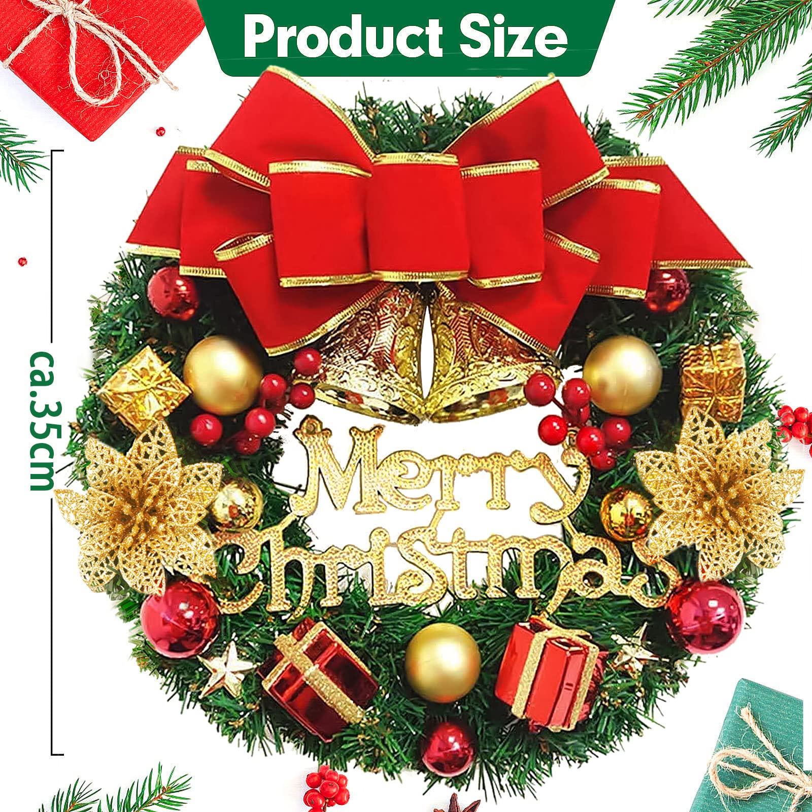Ghirlanda Natalizia 30cmChristmas Wreath con Campane Ghirlanda Artificiale Ghirlanda di Buon Natale Decorativa Christmas Ghirlanda Porta Regalo di Natale Ringraziamento Decorazioni