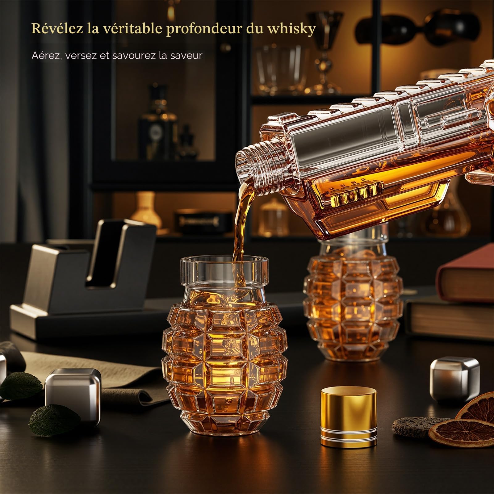 Kollea Ensemble de carafe à whisky avec verres à shot en forme de grenade, cadeaux d'anniversaire pour les hommes qui ont tout, cadeaux de whisky pour père, mari, petit ami et passionnés de militaire