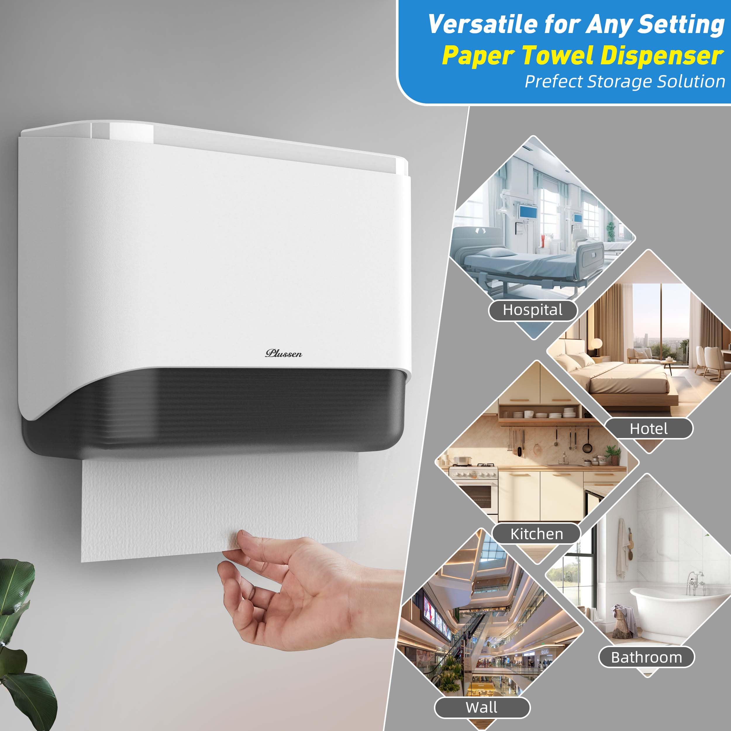 PLUSSEN Commercial Paper Towel Dispenser Wall Mount with Lock 1 Pack,Universal Multifold Tri Fold Paper Hand Towel Holder,Compact Toilet Tissue Dispensers for Bathroom Kitchen Office (White)