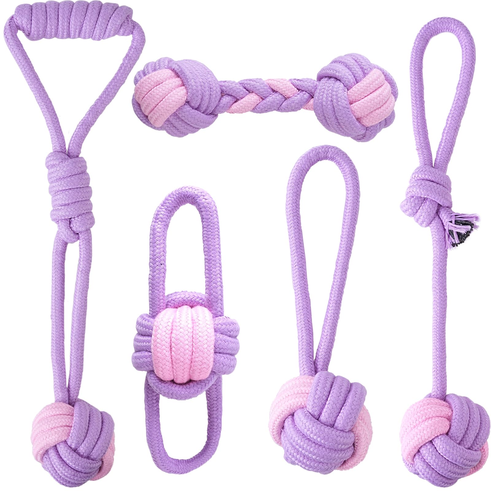 WOVTE 5 Pack Large Dog Rope Toys for Aggressive Chewers, 5 Knots Indestructible Chew Toy Kit for Medium Large Dogs, Puppy Teething Tug Toy, Purple Cotton Dog Rope Toys