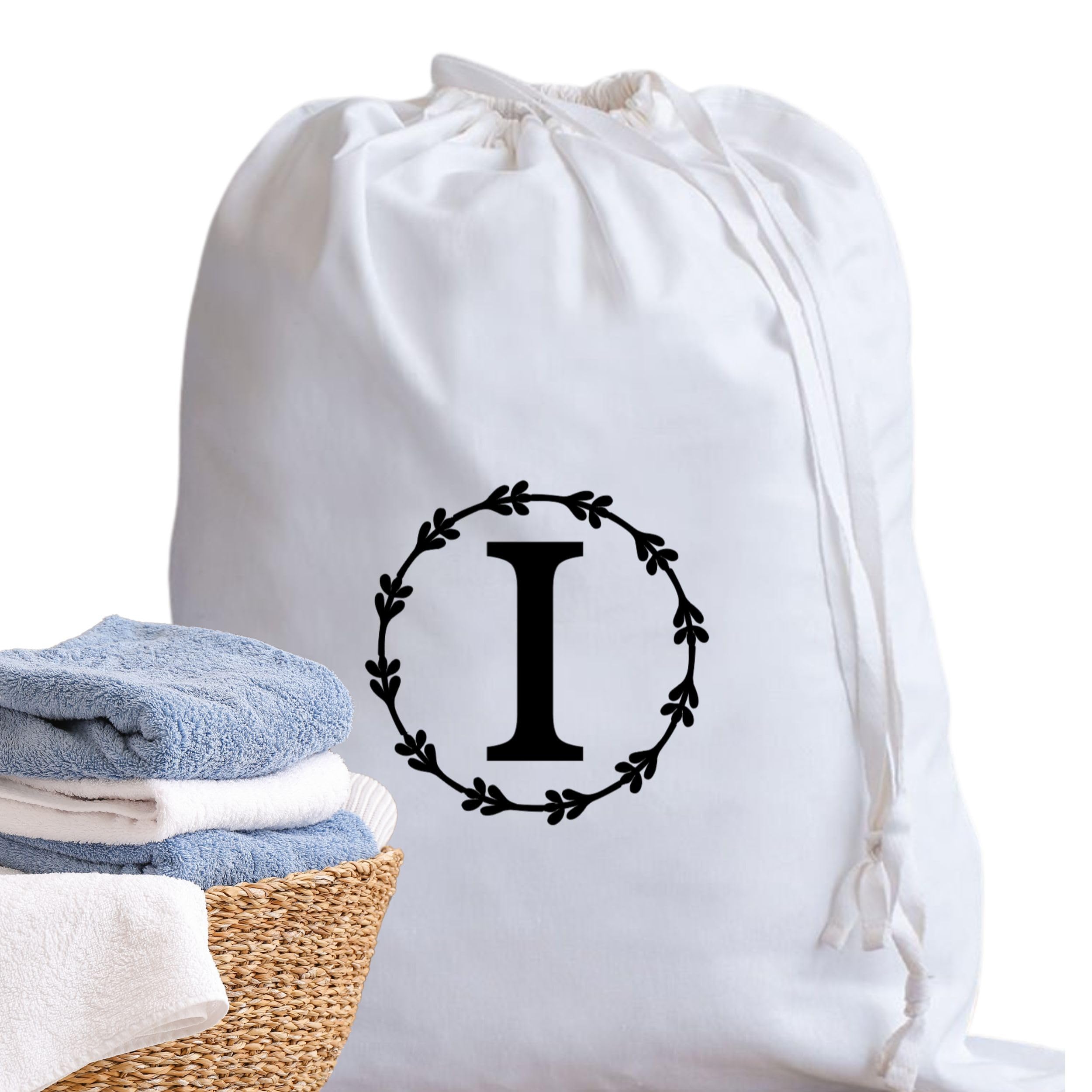 A-Z Cotton Laundry Bag Personalised Initial Gifts - Holiday Essentials Bathroom Accessory Dry Bag Drawstring Bags for Travel Camping University Essentials Personalised Gift Monogram I