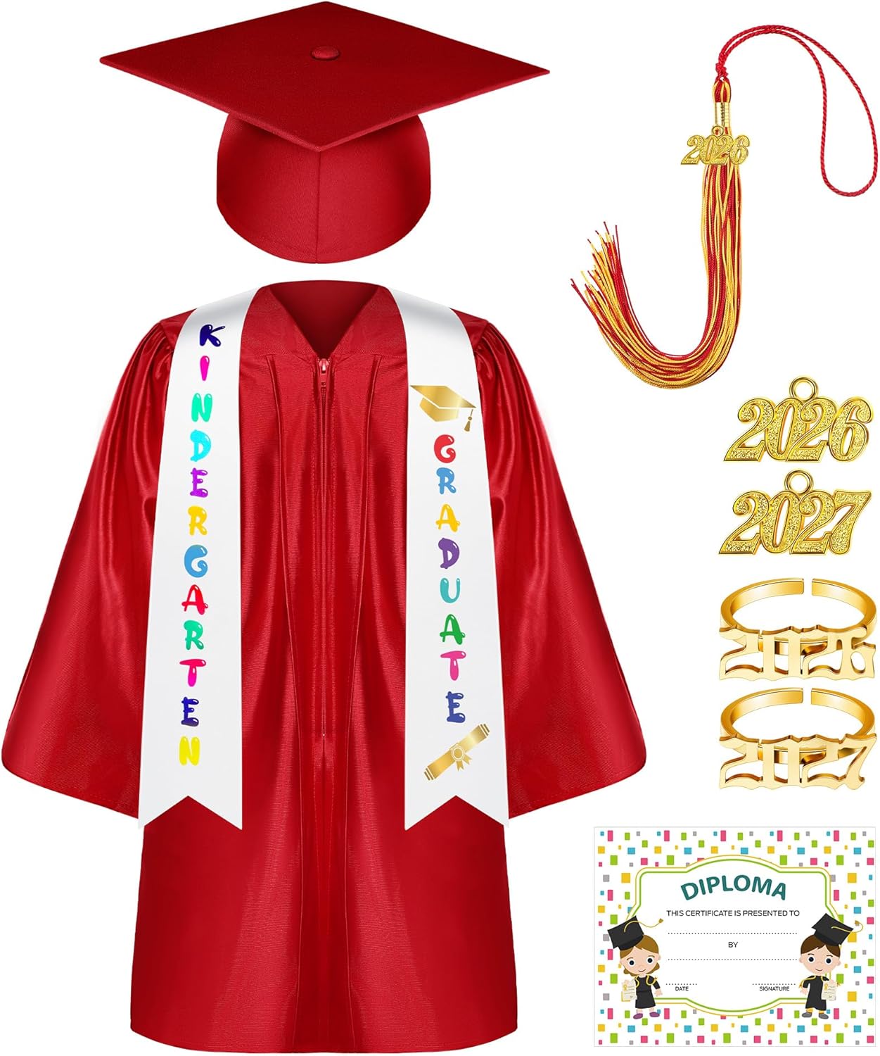 Sasylvia 9 Pcs Kindergarten Preschool Graduation Gown Cap Set with 2026 2027 Tassel Kids Graduation Stole Rings Certificate