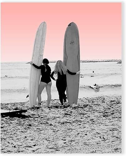 Póster Surfer Besties en blanco y negro, decoración de surf, arte de pared costero de California, regalo para surfistas, decoración de casa de