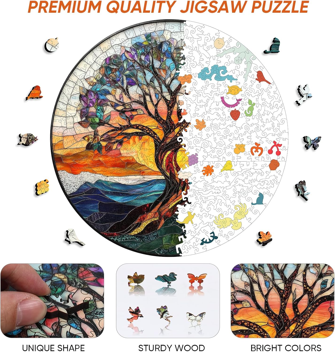 Bodhipnjoy Wooden Puzzles for Adults 500 Pieces, Stained Glass Tree of Life Puzzle, Unique Shape Mosaic Tree Puzzles for Kids, Family Game, Birthday Gifts 16.5 * 16.5 in