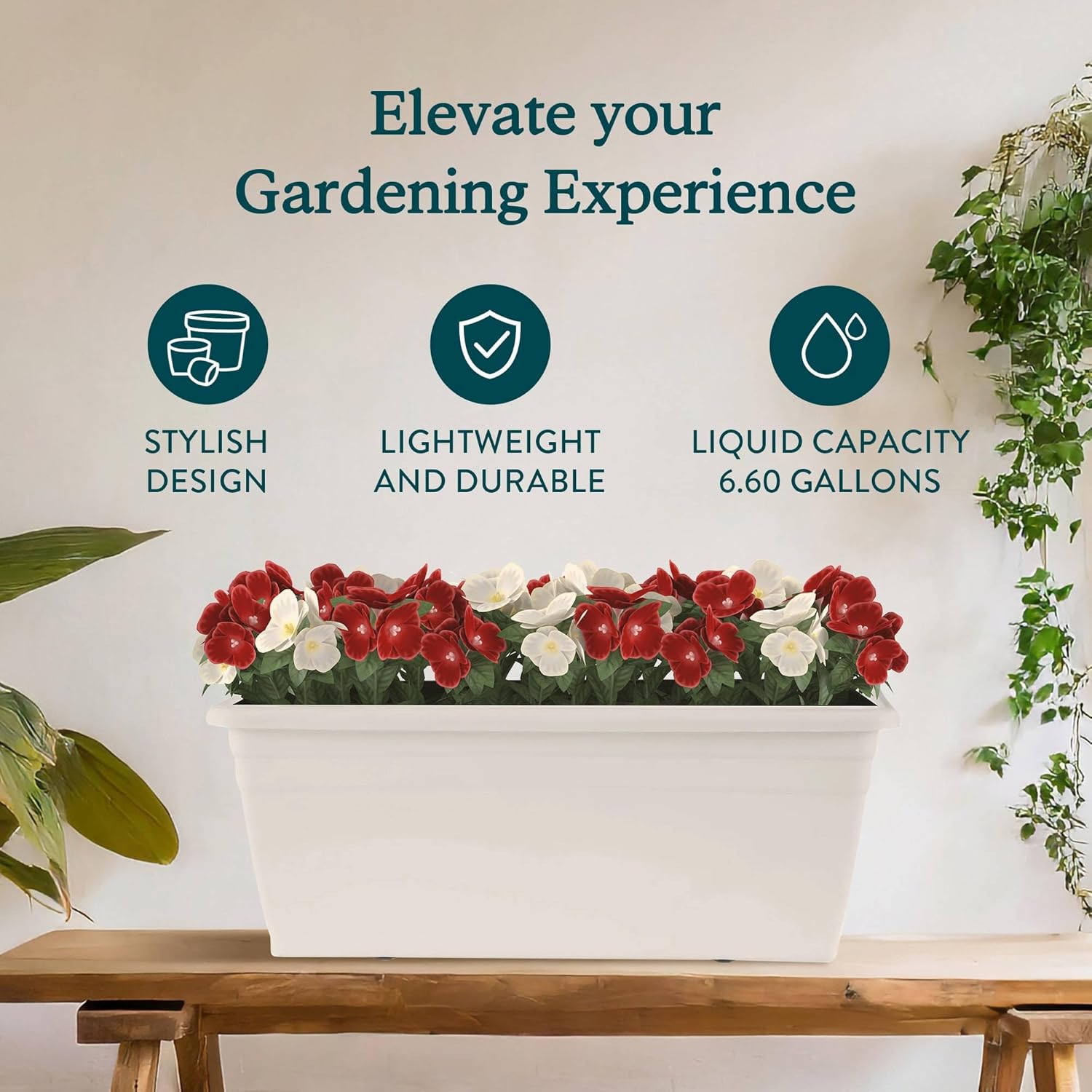 HC Companies 24 inches Deck Rail Box Planter with Easy Drainage Holes, Mounted Garden Flower Planter Boxes, White, Plastic, 4 Pack