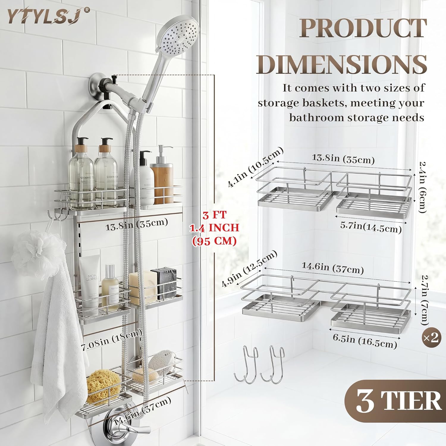Shower Caddy Hanging for Handheld Shower Heads, 3-Tier Adjustable Hagging Shower Caddy, Stainless Steel Hose Hanging Shower Organizer with 2 S-Hooks, Silver