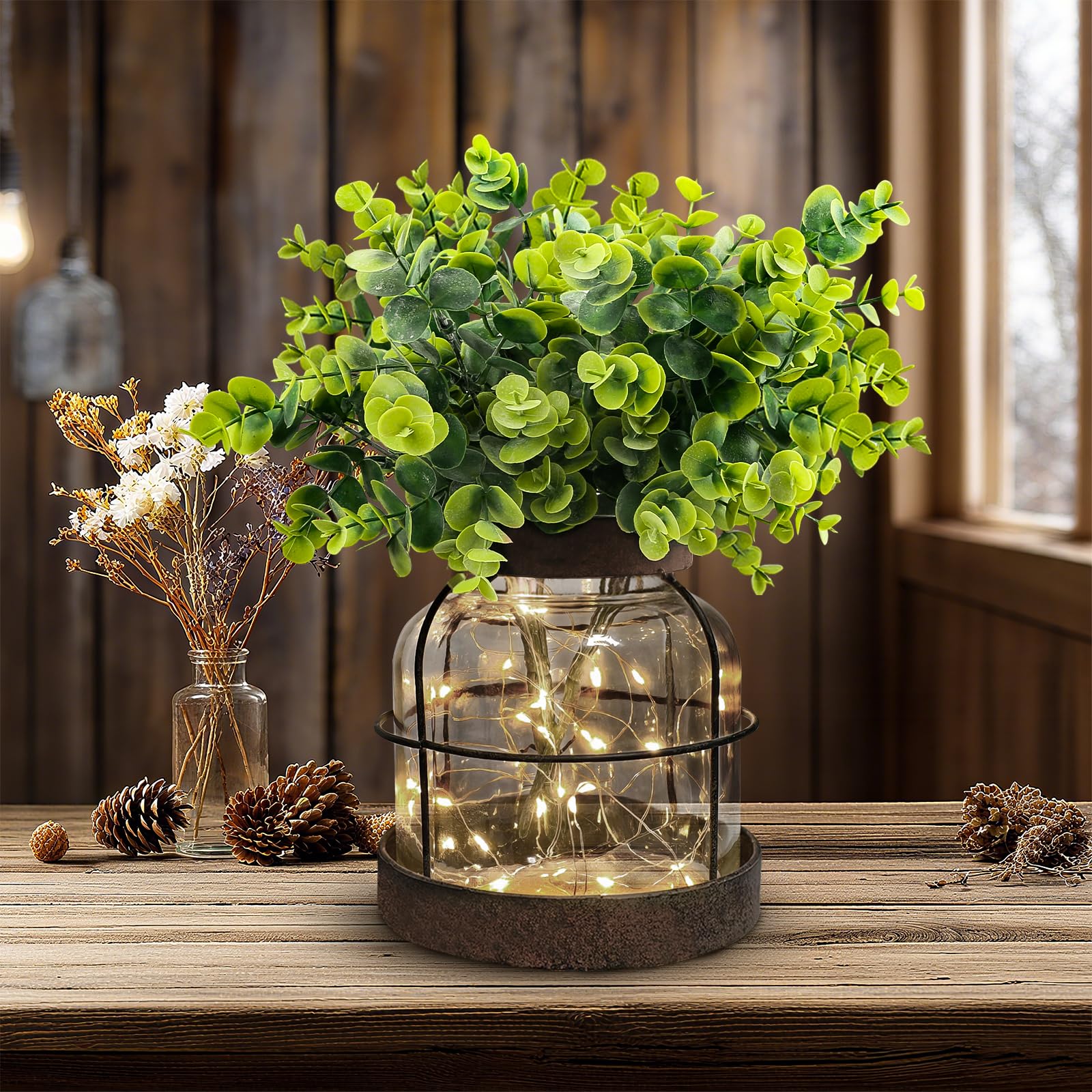 Vases rustiques en verre et eucalyptus premium, lanterne vintage lumineuse pour étagère