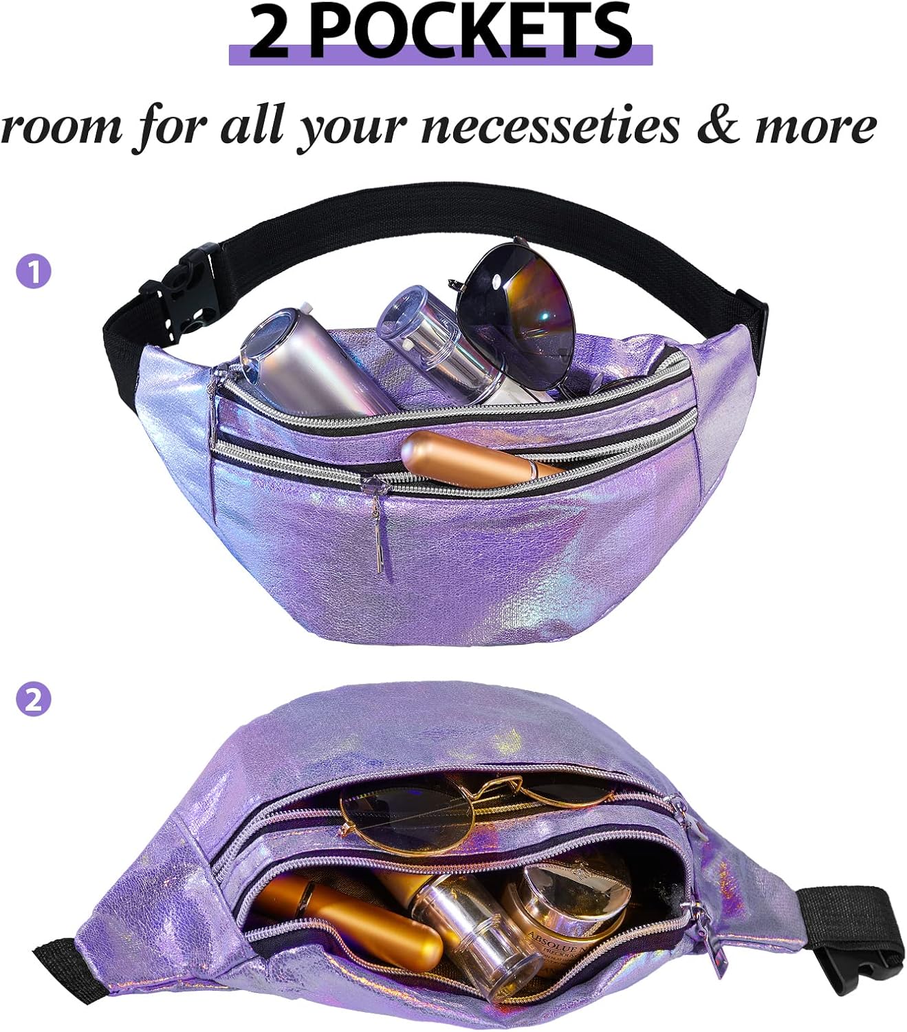 Frienda 2 Pieces Holographic Fanny Pack for Women Colorful Sport Waist Bag Pack - Image 4