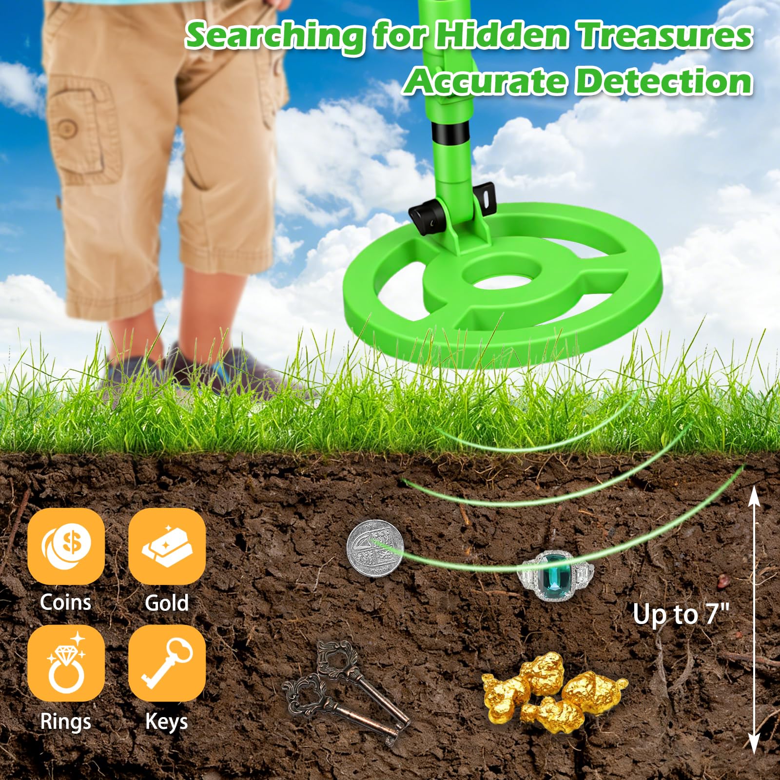 Detector de metales para niños, Detectores de metales de alta precisión con pantalla LCD, detector de metales ligero para niños con mango ajustable, bobina de búsqueda de 6 '' impermeable para