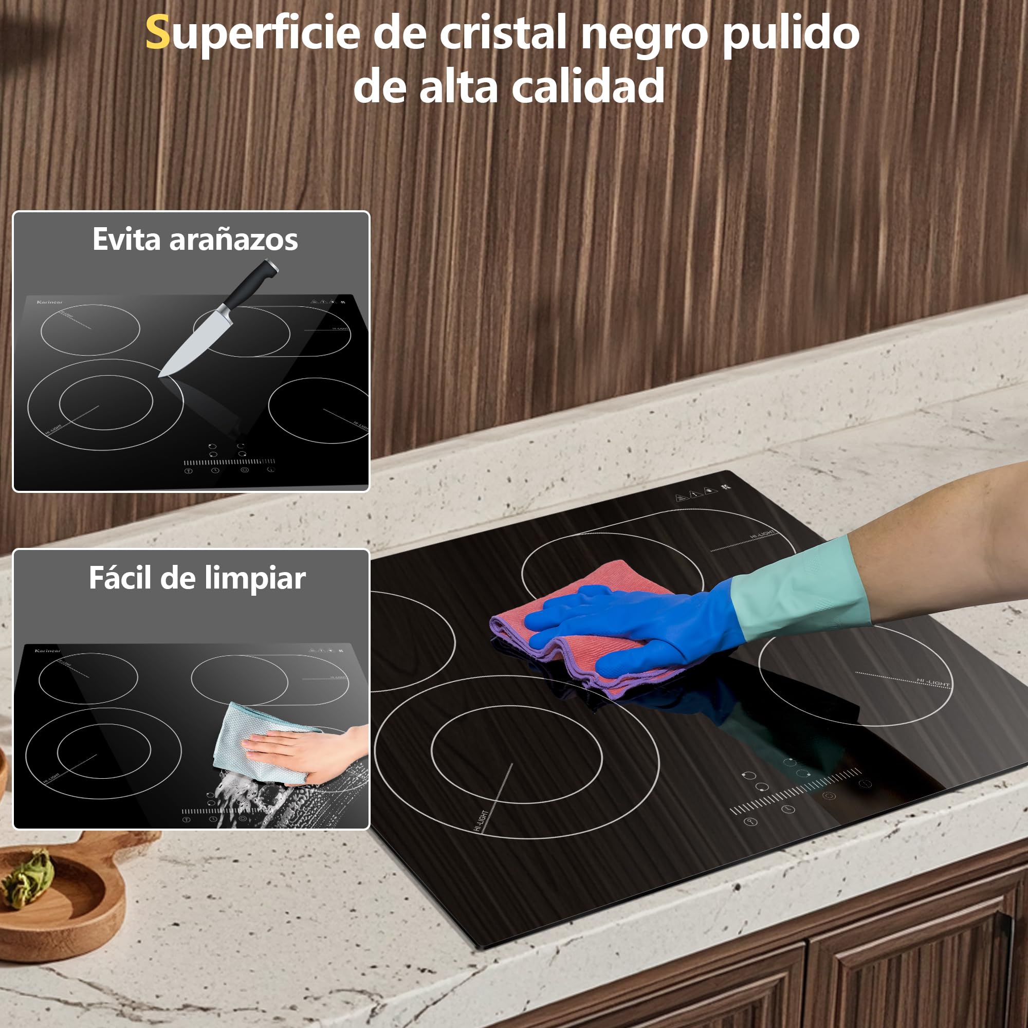 Karinear Placa vitroceramica 4 Fuegos 60cm, Área ampliable | Control Deslizante, Bloqueo de Seguridad, Temporizador de 99 minutos，Indicador de calor residual
