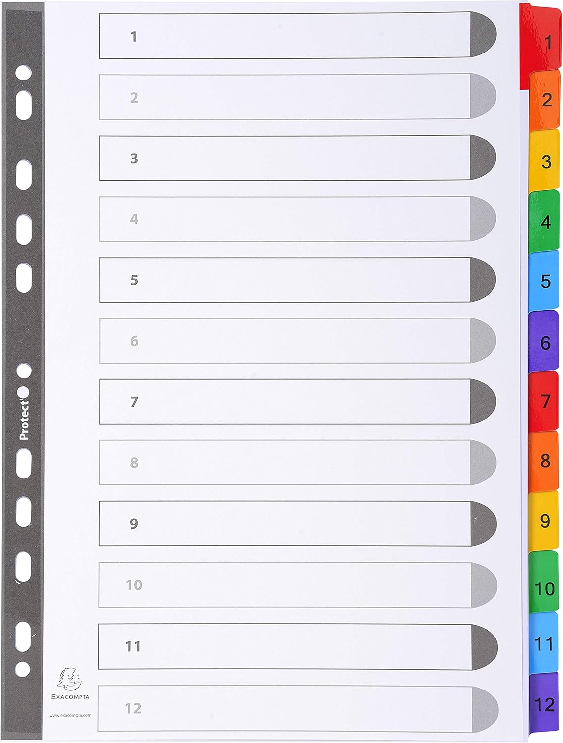 Exacompta - Ref 1112E - Mylar Printed Indices - for Use WithA4 Documents, Pre-Punched, 160gsm White Card with Reinforced Plastic Tabs, FSC-Certified - 12-Part Dividers (1-12)