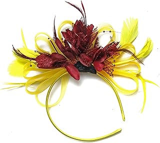 Tocado de pelo de plumas de color amarillo y burdeos para boda, Royal Ascot Races
