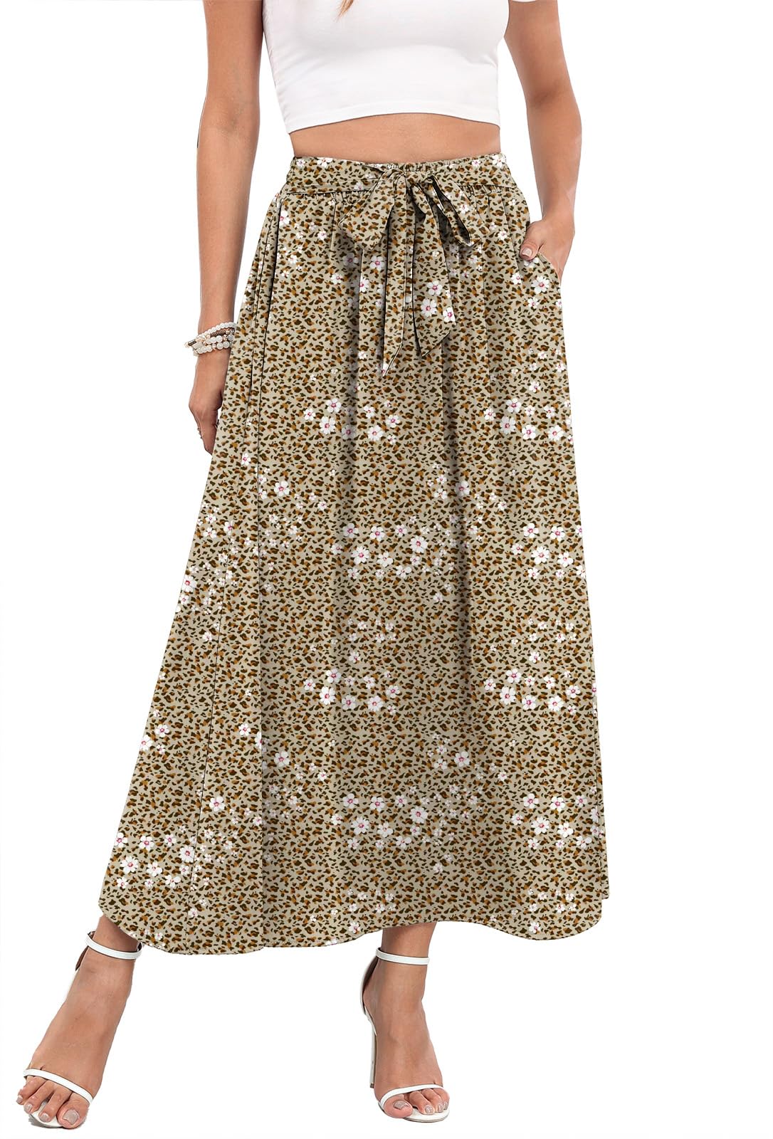 Askyes Womens Maxi Skirt Summer Trendy Tie Knot Elastic High Waisted Boho Casual Beach Flowy Swing Long Skirts with Pockets