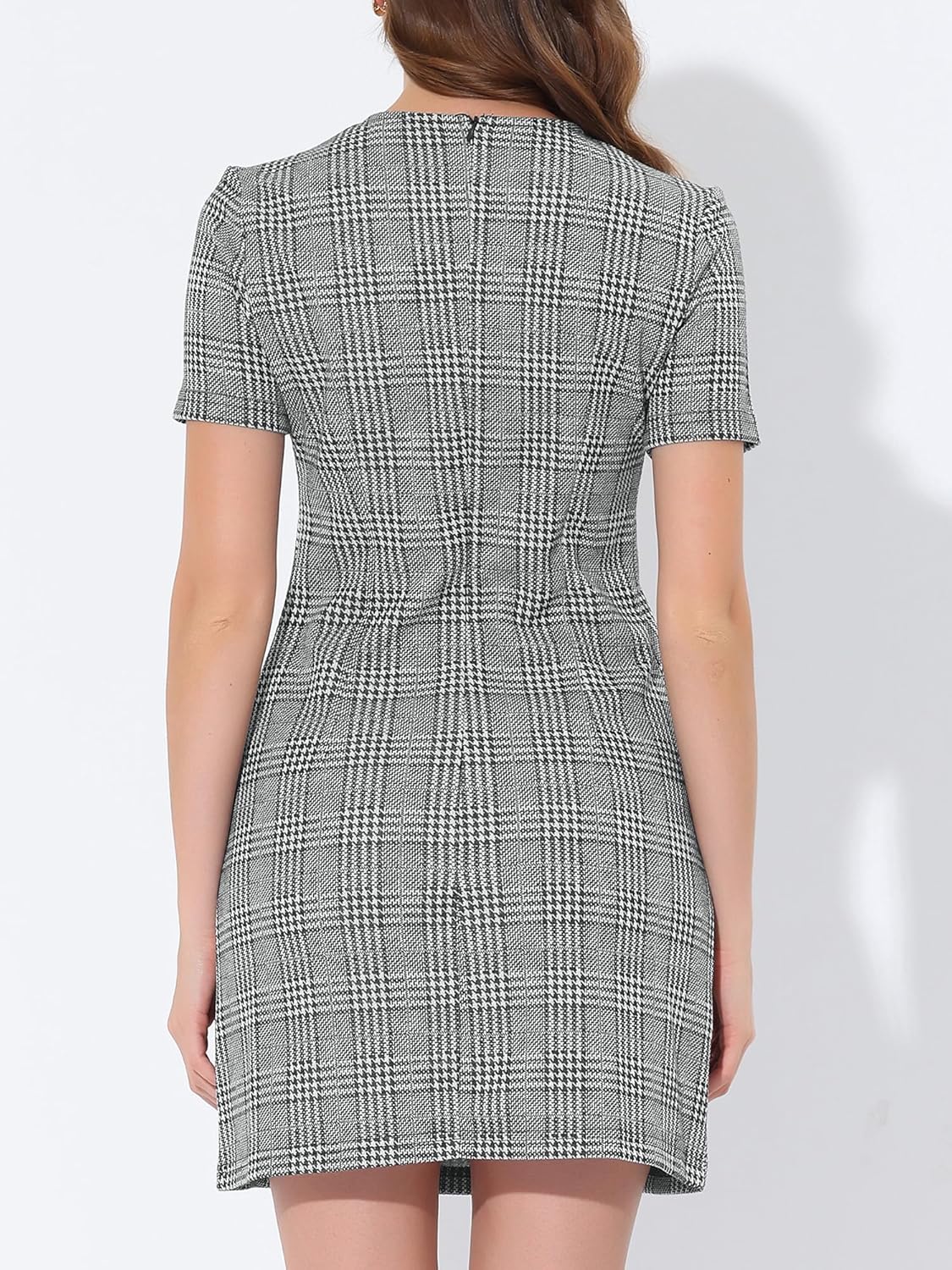 Allegra K Work Dress for Women Short Sleeve Vintage Houndstooth Above The Knee Dresses - Image 3