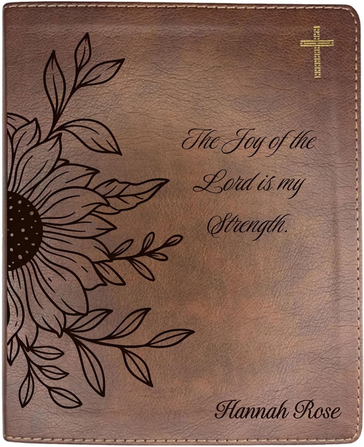 Custom NIV Bible Faux Leather Lay Flat Cover | Medium Print | Engraved with Custom Name and Full Cover Sun Flower Design | Gift for Christian & Religious Celebrations | Brown
