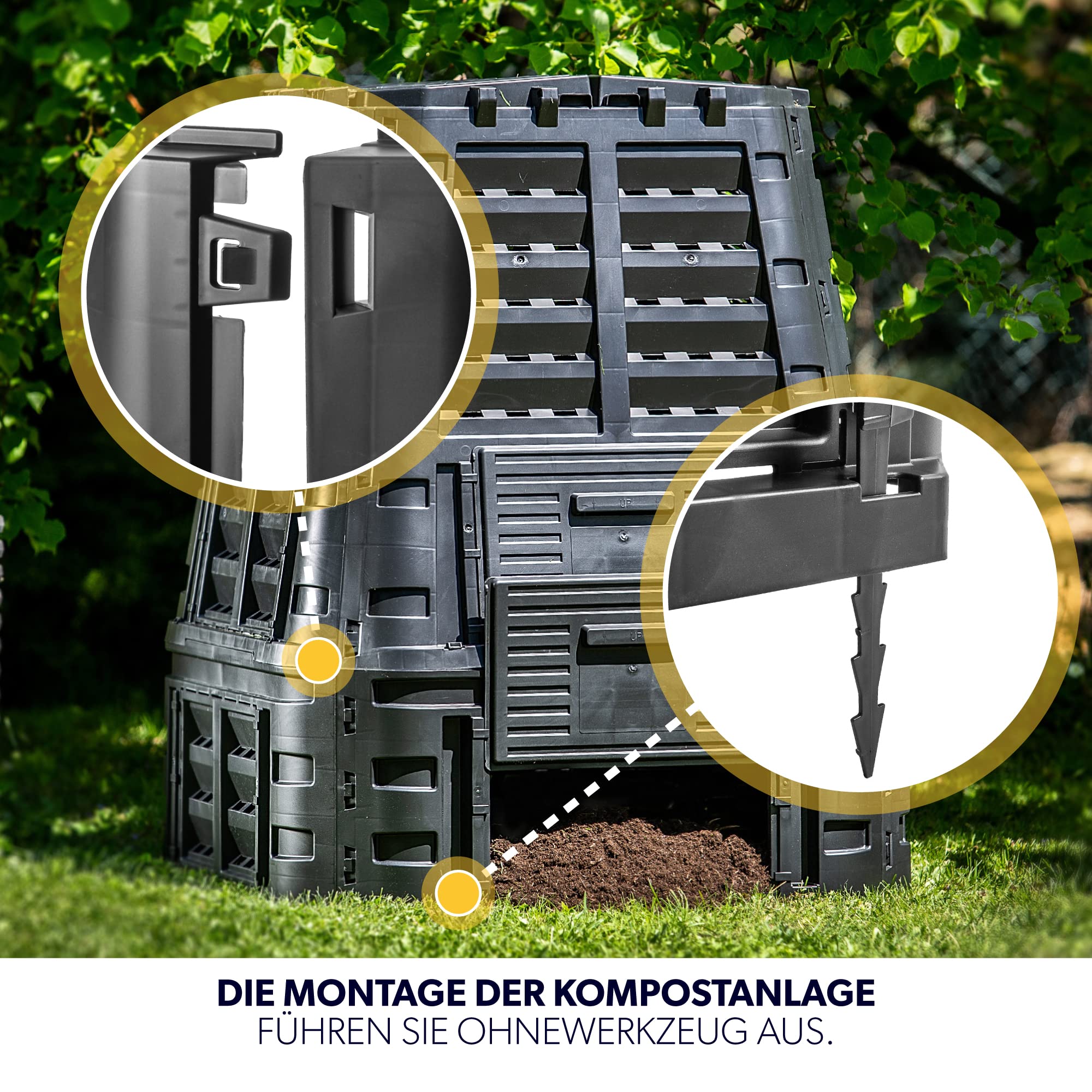 KADAX Komposter, schwarze Kompostanlage, Schnellkomposter aus Kunststoff, witterungsbeständiger Thermokomposter mit klappbarem Deckel (740L)