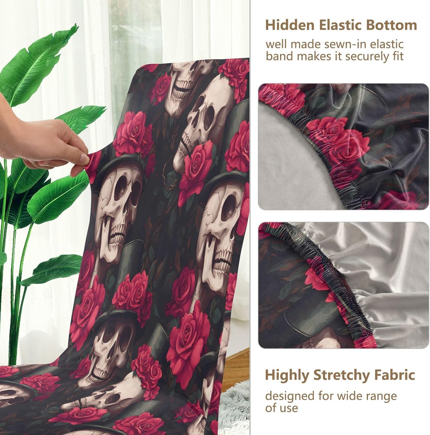 ALAZA Chair Covers for Dining Room, Skull Red Rose Leave Hat Pattern Stretch Chair Cover Sets Chair Protector Removable Washable for Ktichen Restaurant Hotel