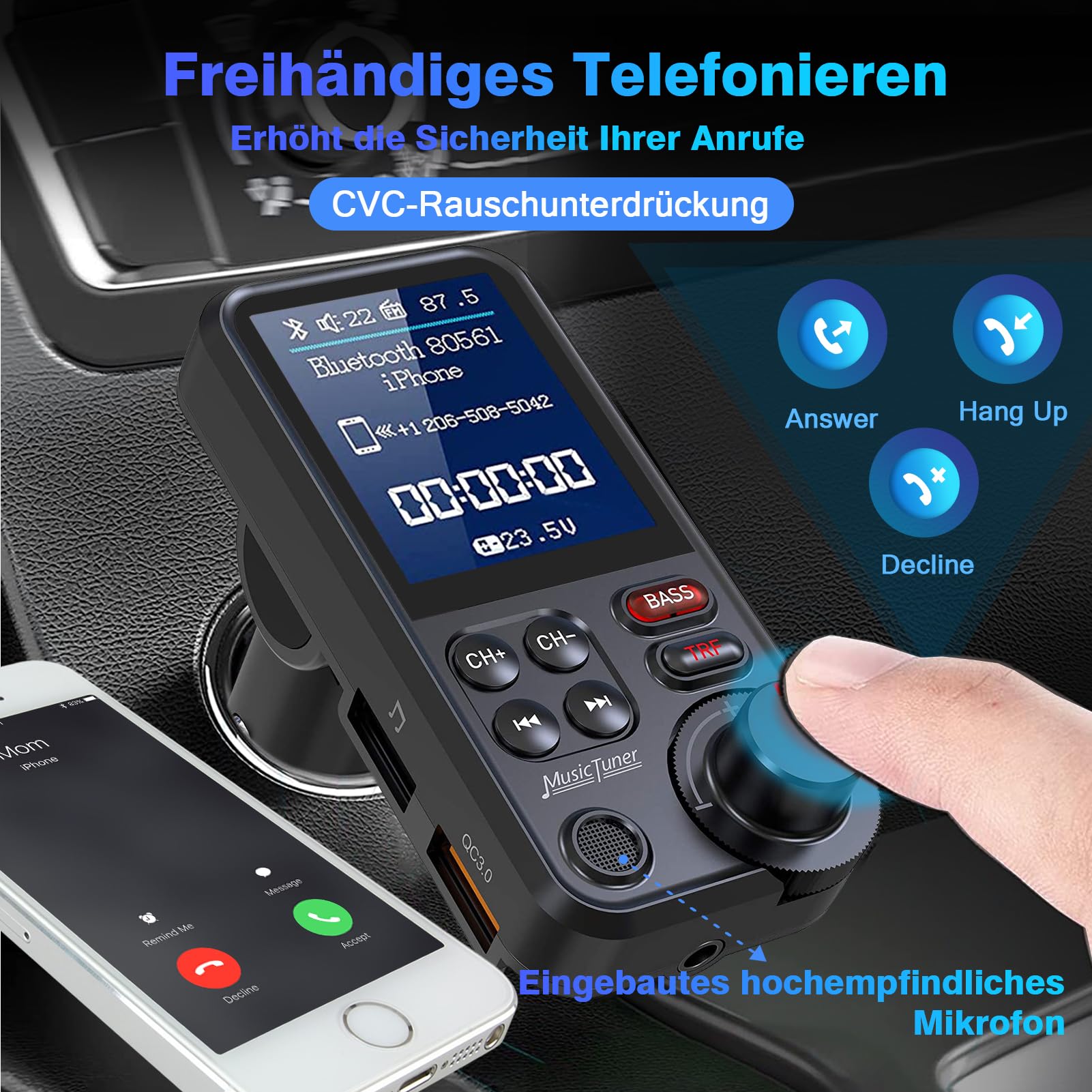 Bluetooth Adapter Auto, FM Transmitter Bloototh, Zigarettenanzünder Auto Player für Car Radio, UnterstüTzung für QC3.0 USB LadegeräT, Bass Musik MP3 Freisprechanlage, 4.5 cm Led Display