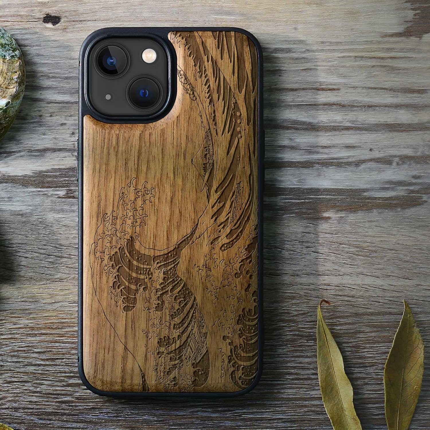 Carveit Magnetic Wood Case for iPhone 13 Mini - Natural Wood & Soft TPU - Shockproof Protective Cover - Unique & Classy Wooden Case - Compatible with MagSafe - The Great Wave Off Kanagawa (Walnut)