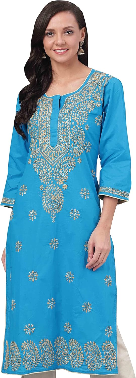 Ada Hand Embroidered Indian Chikankari Cotton Kurti Kurta Tunic Kameez for Women A214156 (XS, Blue)