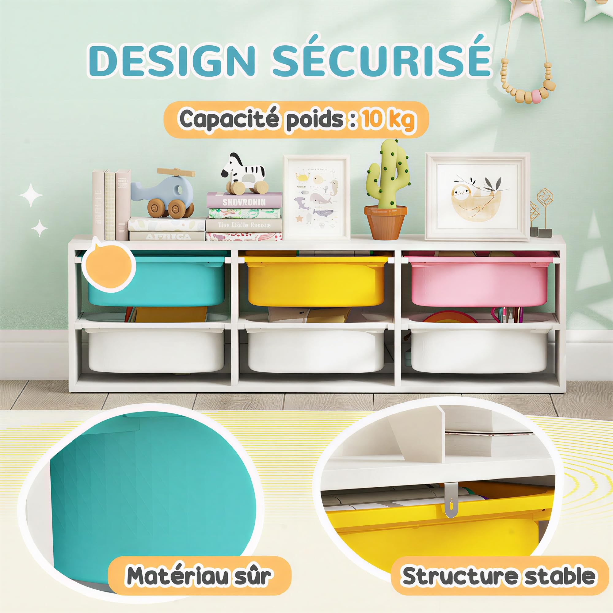 AIYAPLAY Meuble Rangement Enfant à 2 Niveaux avec 6 bacs Amovibles, étagère de Rangement pour Jouets Enfants pour Chambre d'enfant, Salle de Jeux ou garderie, Blanc