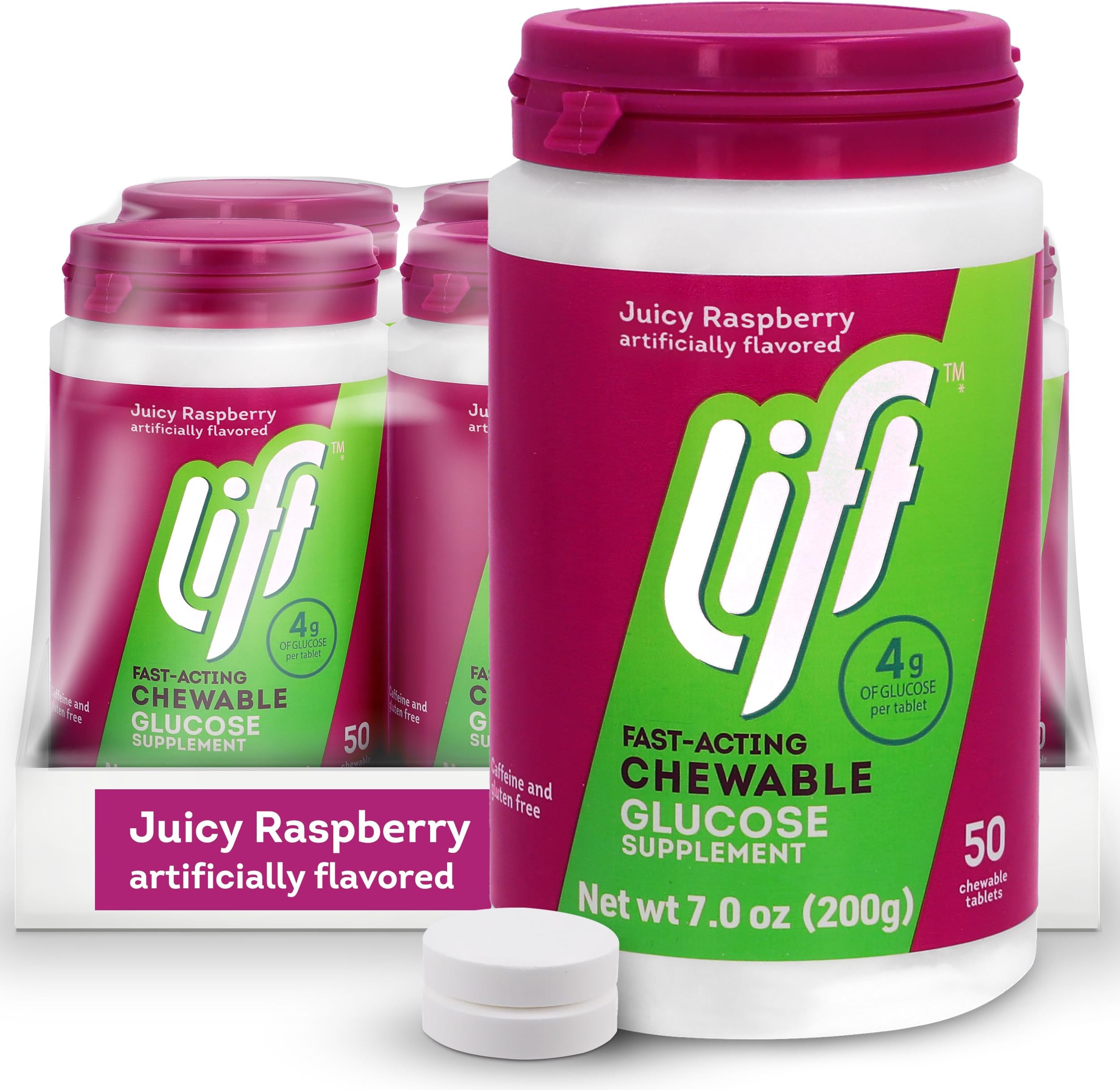 Lift Glucose | Fast-Acting Glucose Chewable Energy Tablets | Raspberry | 50 ct Jar (Pack of 6)