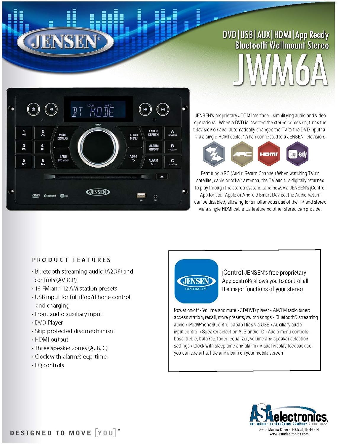Jensen JWM6A DVD|USB|AUX|HDMI| Wallmount Stereo with App Control (jControl), Bluetooth A2DP/AVRCP Streaming Audio, Compatible with iPod/iPhone Control & Charging, DVD/CD-R/RW/MP3, 12V DC (Renewed)