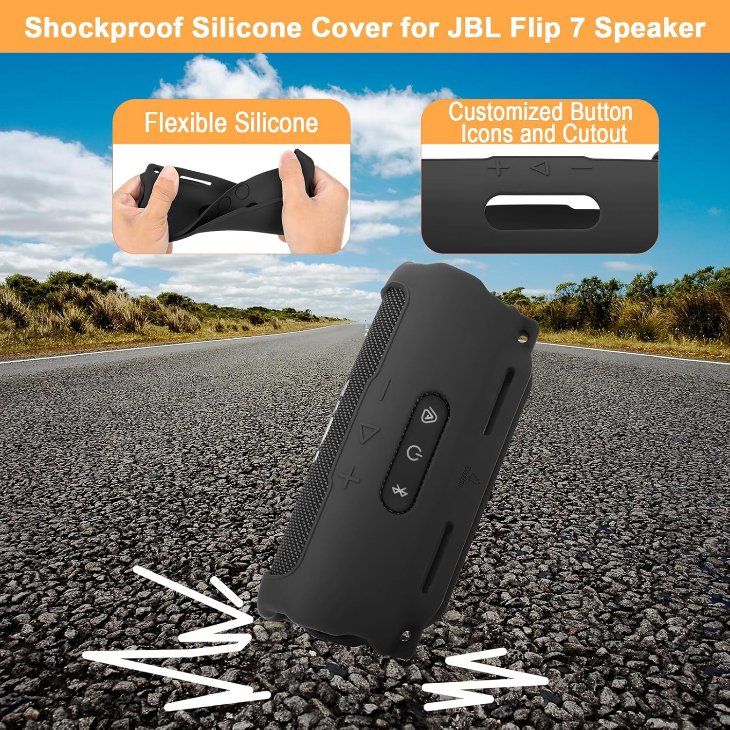 TXEsign Silicone Case Compatible with JBL Flip 7 Speaker, Shockproof Protective Cover Soft Skin Silicone Cover with Shoulder Strap and Hook and Loop Straps for Bike Golf Cart Rail Mounting (Black) - Image 3