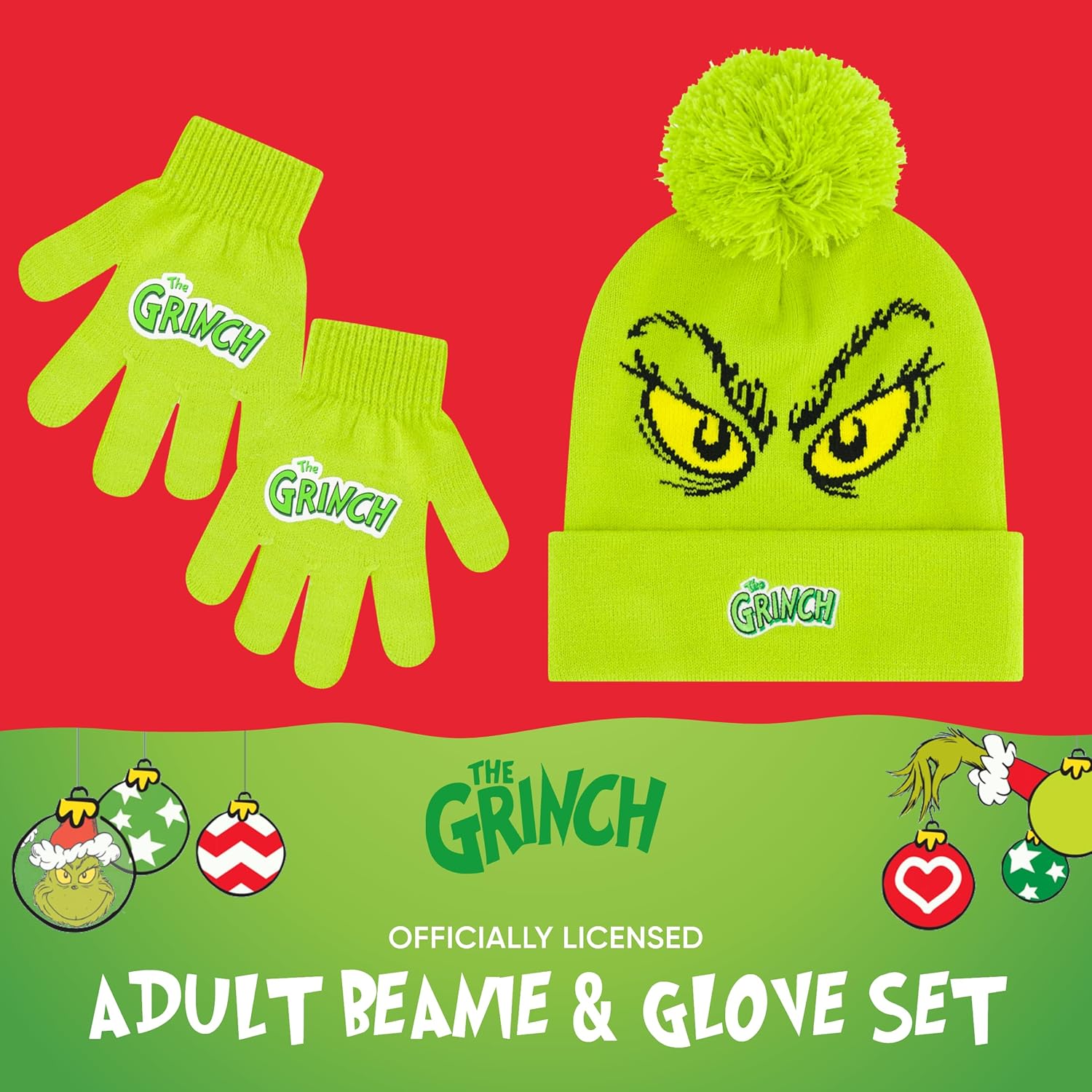 Dr. Seuss The Grinch Beanie Hat and Gloves Set, Boys Cuffed Knit Winter Cap with Pom and Matching Mittens, Green, One Size - Image 2