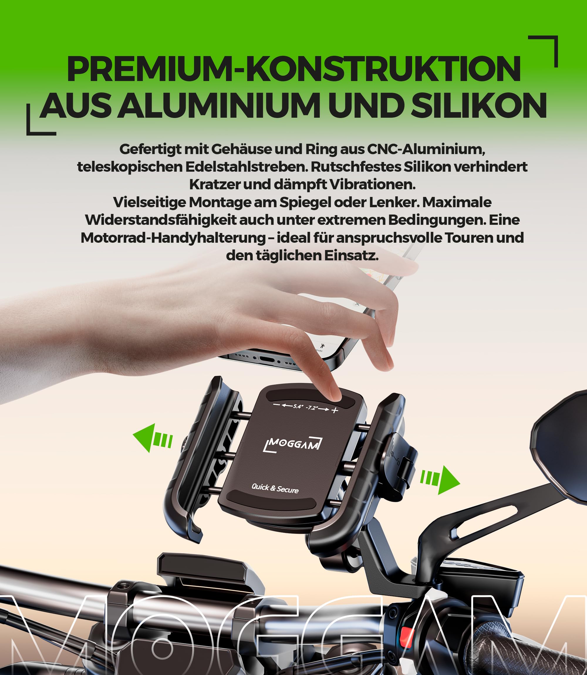 Handyhalterung Motorrad Antivibration CNC Aluminium Schnellverschluss Offenes Design Für Lenker 22-32mm & Rückspiegel 12-14mm Kompatibel Roller Fahrrad E-Scooter 360° Drehbar