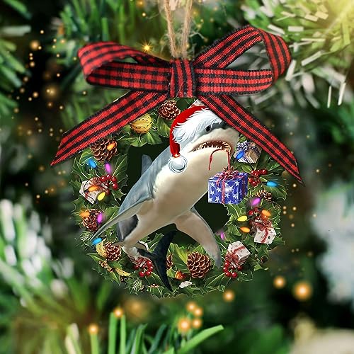 Talataca Tiburón que lleva un sombrero de Navidad, corona de los animales del océano, amante de los animales del océano 2D, adorno plano de madera,