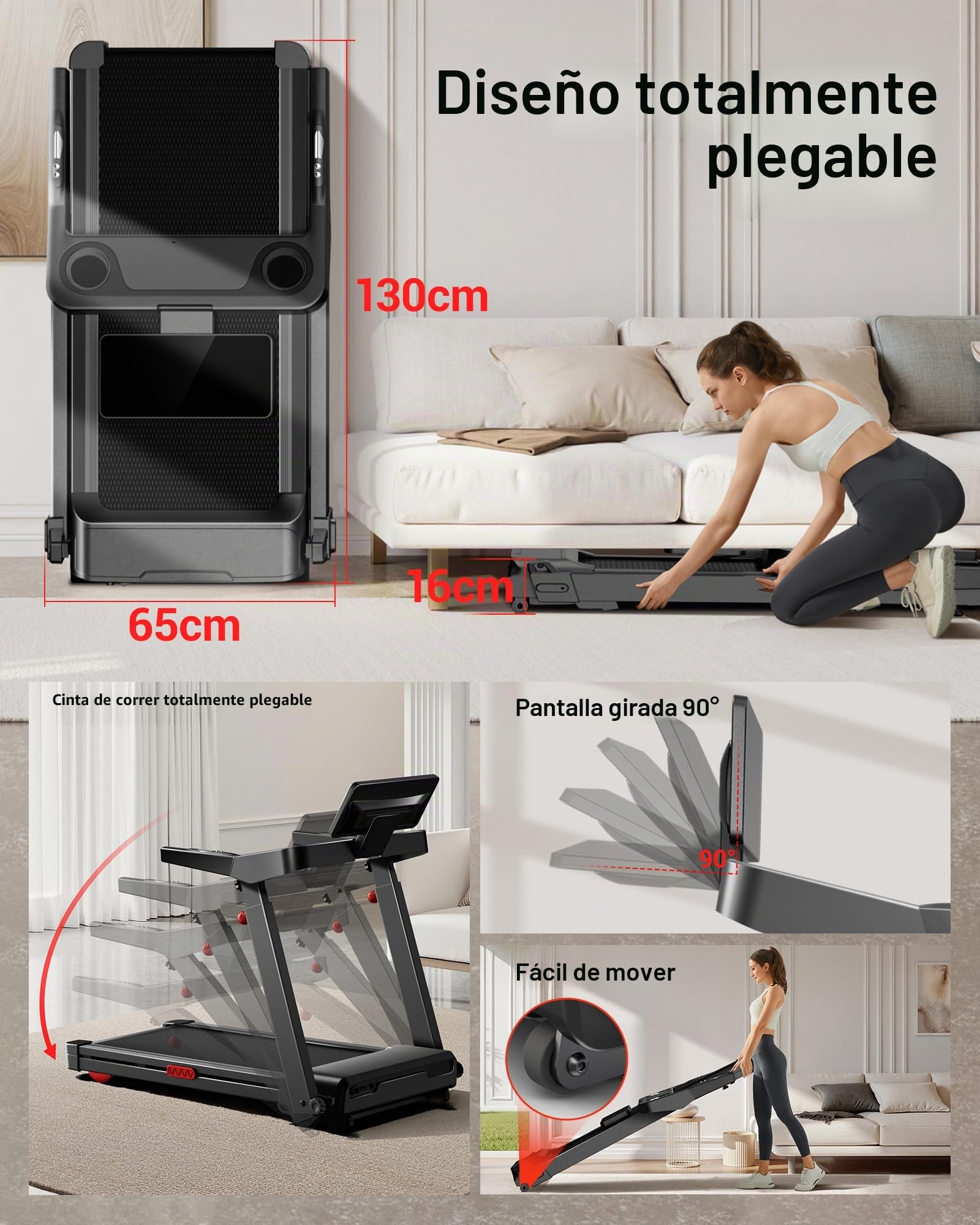 UMAY Cinta de correr con pendiente automática, 14 km/h para el hogar, plegable, consola ajustable de 4 velocidades y motor silencioso de 3,5 CV, Treadmill for Home máx. 180 kg