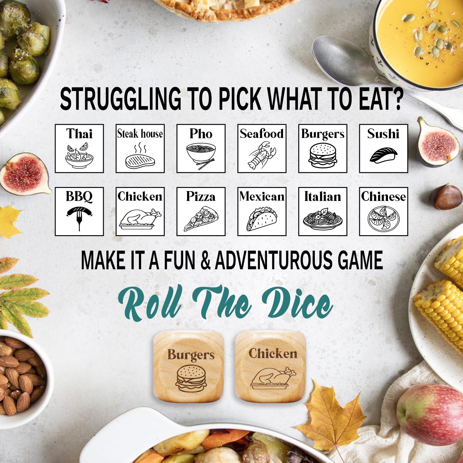 2 Pcs Engraved Wooden Date Night Food Decision Dice Decider,Valentines Day Gifts for Him Her, Stocking Stuffers for Men Women Adults, Anniversary Birthday Gifts for Men Women