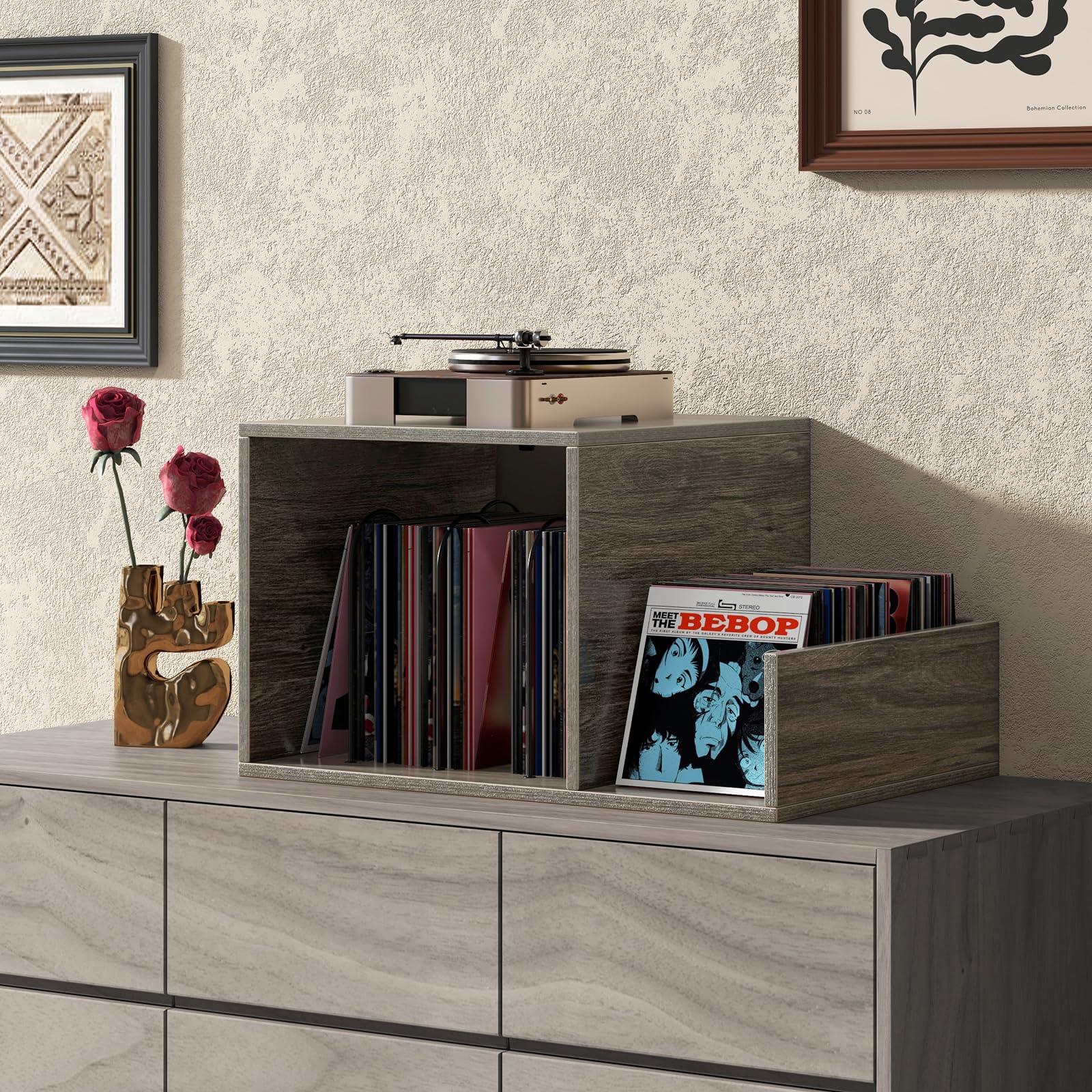 COSTWAY Supporto per Giradischi con Presa di Corrente, Espositore per Dischi con Presa di Corrente e Porta USB, Capacità Fino a 145 Album, per Soggiorno e Camera da Letto, 66 x 45 x 67 cm (Grigio)