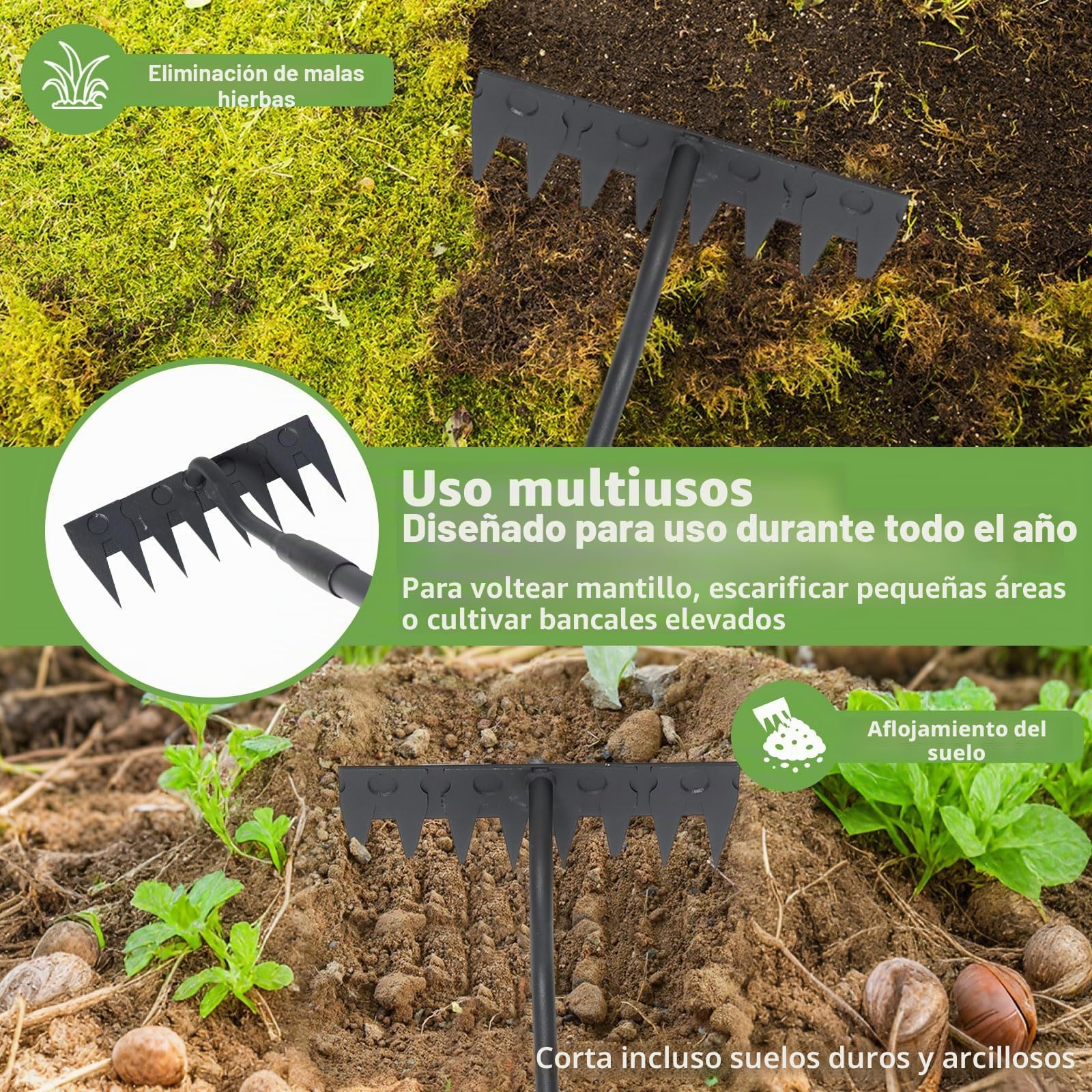 Rastrillo de jardín, mango largo de 140 cm, 8 dientes de jardín de carga pesada, rastrillo de metal de carbono de jardín, rastrillo manual para malezas, rastillo de jardín trasero, herramienta de
