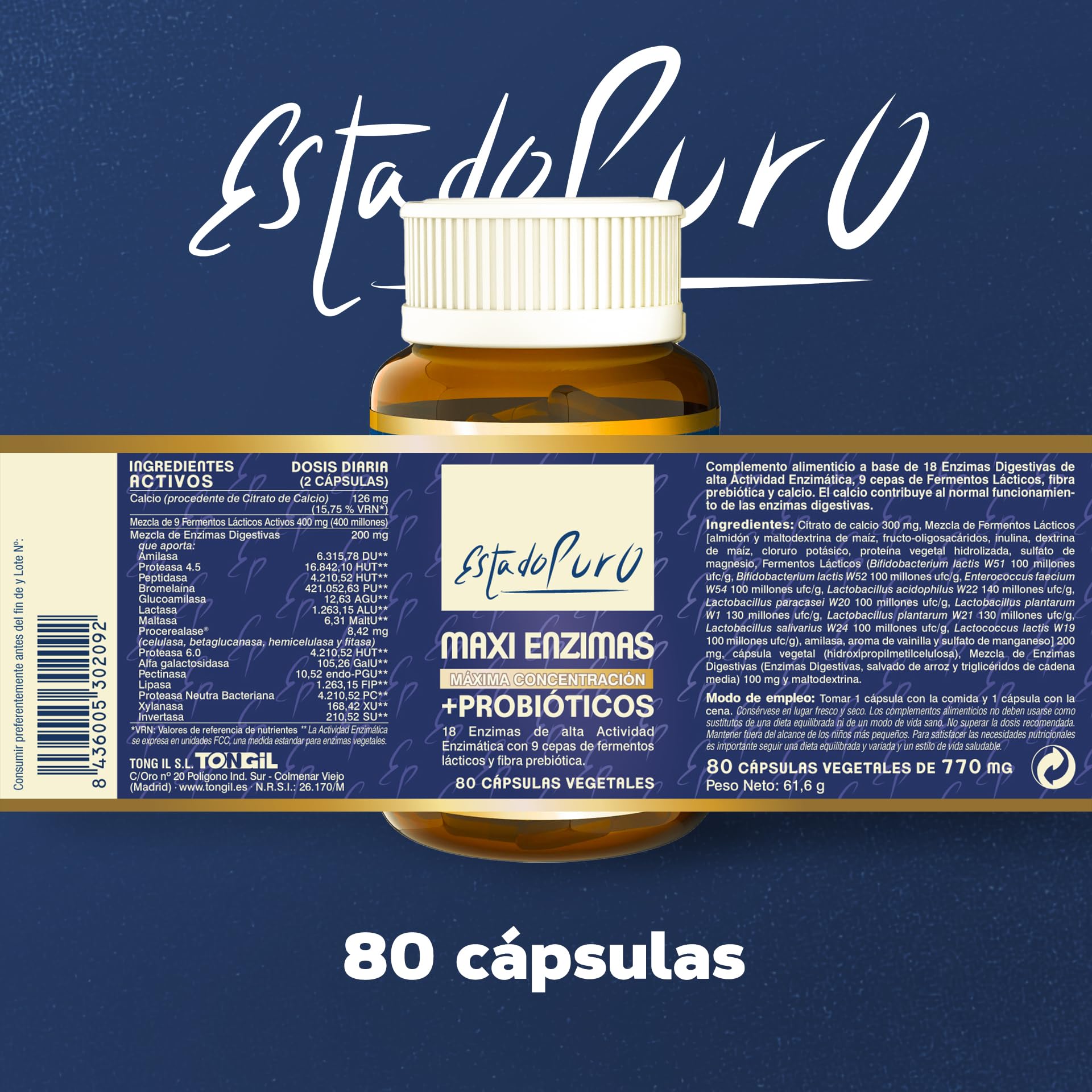 Enzimas Digestivas Estado Puro | 18 Enzimas Digestivas con Probióticos + Prebióticos | Mejora la digestión y la Absorción de Nutrientes | Sin Gluten | 80 Cápsulas Vegetales | TONGIL