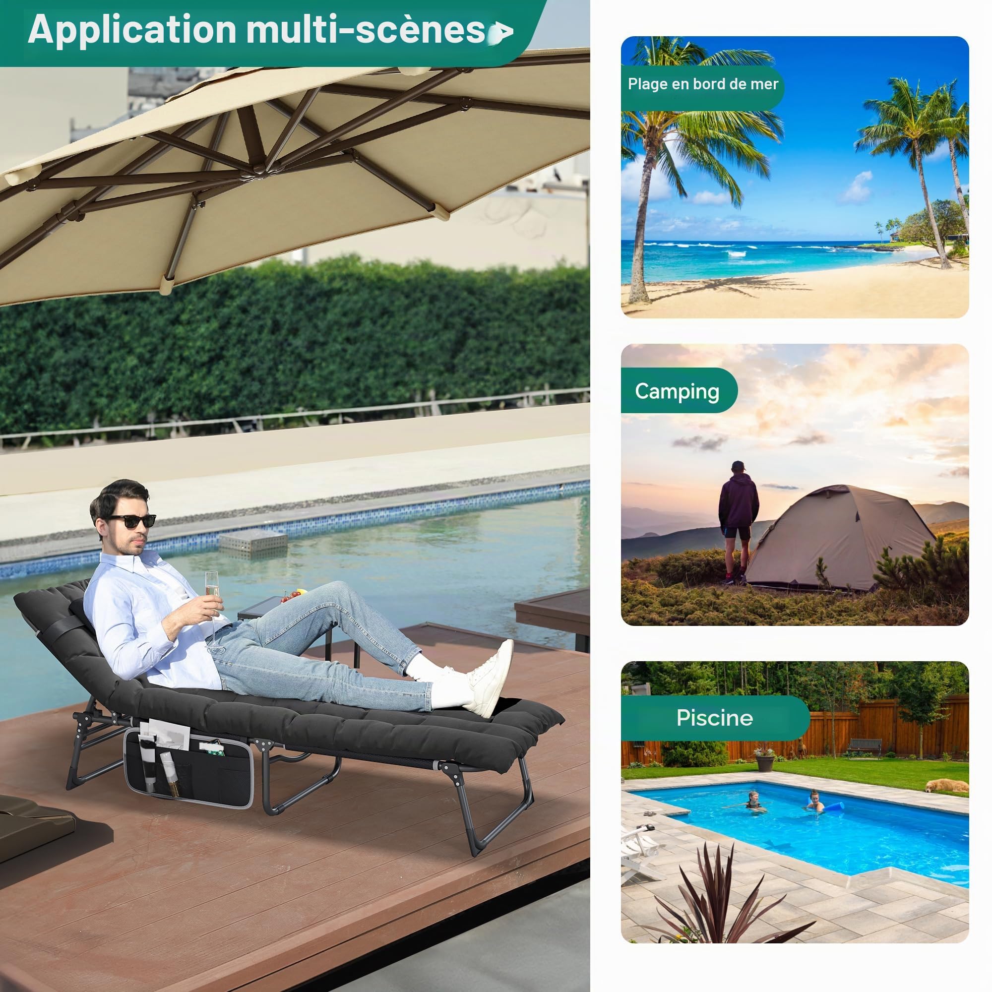YITAHOME Bains de Soleil avec Coussin 190x68x31cm Chaise Longue Réglable en 4 Positions, Transat Jardin Exterieur avec Appui-tête et Latérale Capacité de Charge 200KG pour Jardin, Piscine, Noir