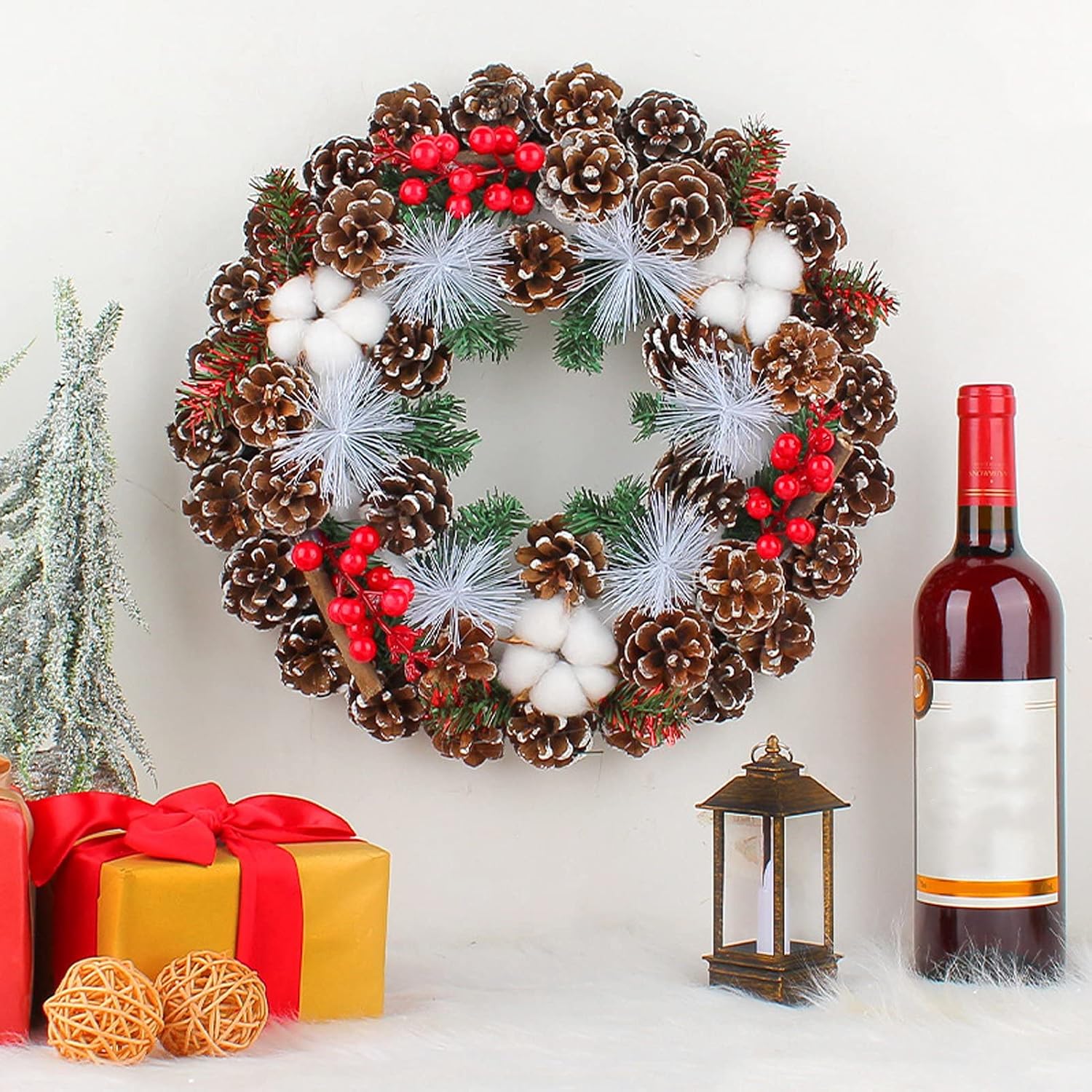 MINGZHE Christmas Pine Cone Cotton Garland Shopping Mall Decorations Rattan Circle Wall Hangings Party Holiday Layout Props Artificial Christmas Wreath for Indoor and Outdoor Holiday Decorations