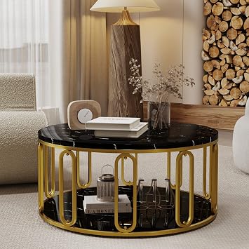 Round Coffee Table, Wooden Marble Pattern Coffee Table with Round Open Storage, Solid Golden Metal Legs for Living Room,Black