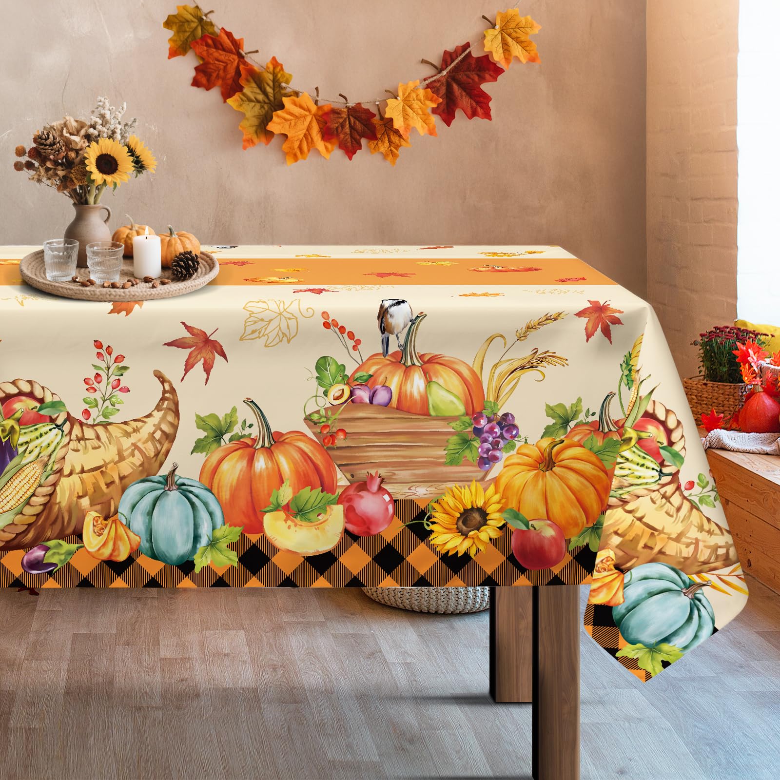 Arquiel Fall Pumpkin Tablecloth Waterproof, Cornucopia Table Cloth Rectangle, Washable Table Cover for Party Decor Kitchen Decoration (152x304cm)