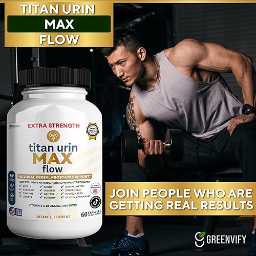 Miniatura 4 de Titan Urin Max Flow Suplemento natural para próstata, 60 cápsulas, complejo herbario extra fuerte con palma enana americana, vitaminas E y B6 (1)