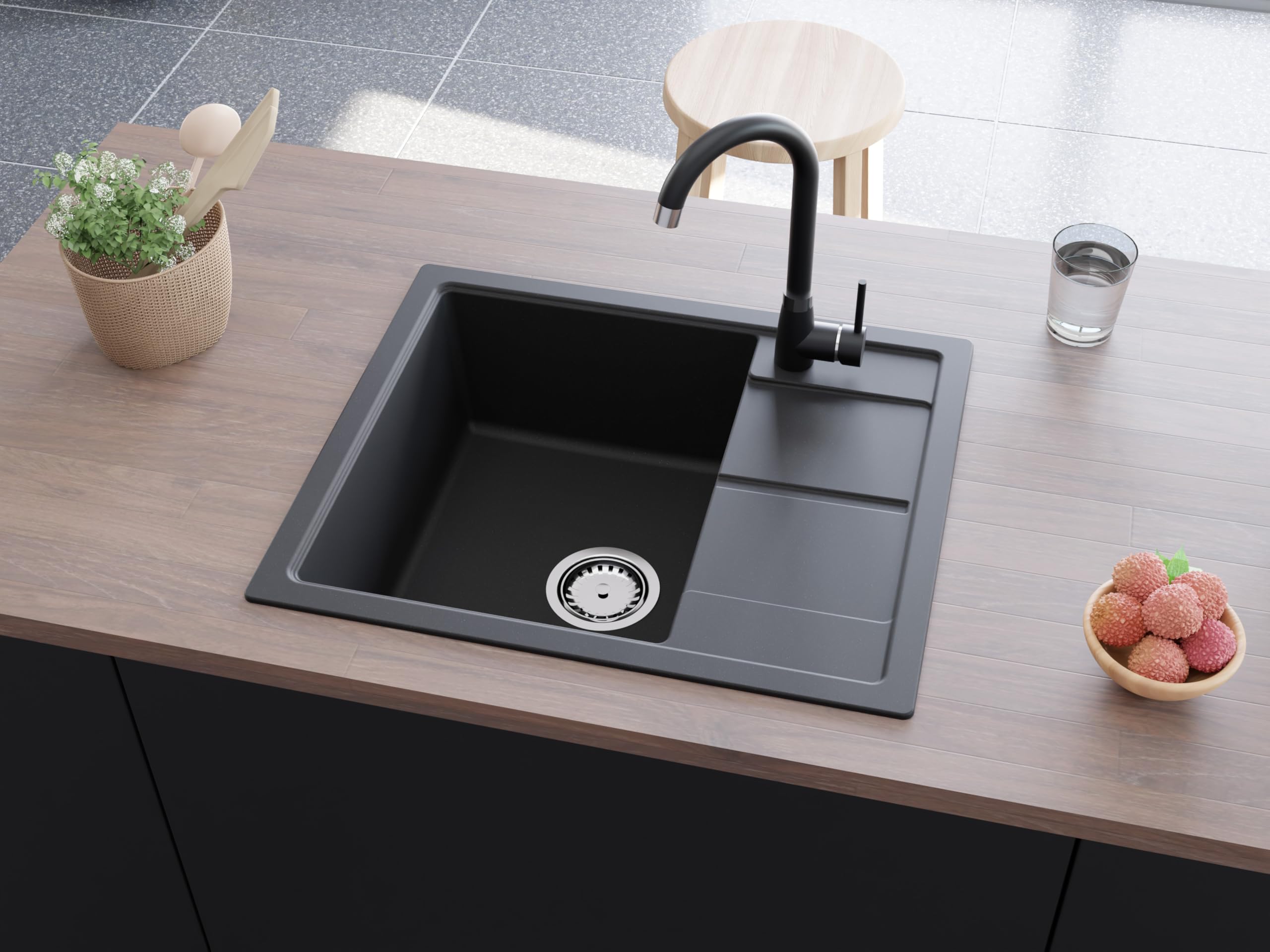 GRANMASTER Horizon Granitspüle mit Wasserhahn 1 Becken mit Siphon, Spüle Arbeitsplatte Küchenspüle mit Wasserhahn, 59 x 50 x 20,3 cm Spüle mit Abtropffläche aus Granit, Schwarz Metallic