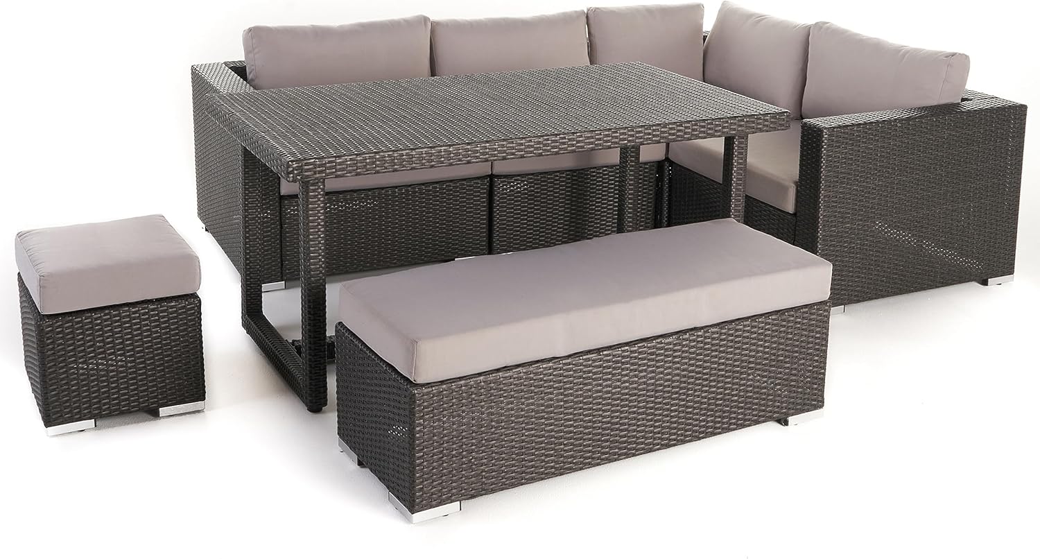 Christopher Knight Home Santa Rosa Outdoor 7-Seater Dining Sofa Set with Aluminum Frame and Water Resistant Cushions, Grey / Silver Cushions