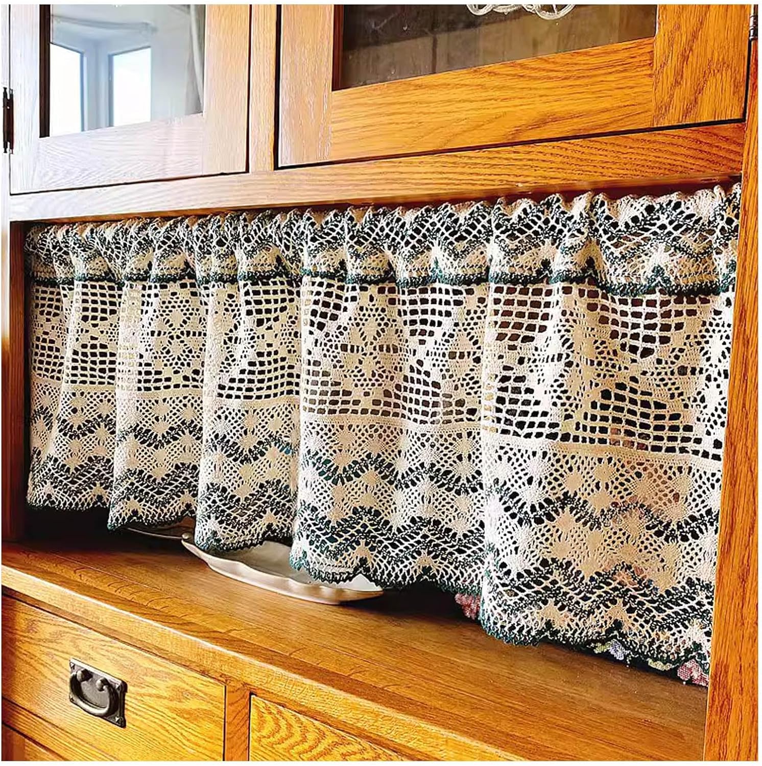 Vintage Farmhouse Cafe Curtain, Rustic Crochet Curtains Valance for Kitchen, Cotton Lace Curtains for Small Window (Color : Green, Size : W270xH45CM(W106xH18inch))