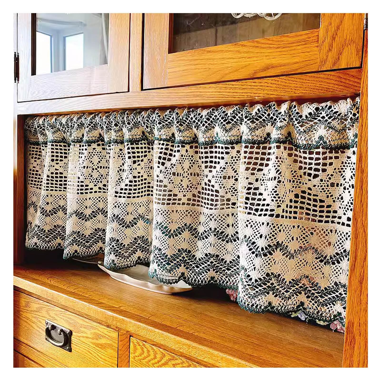 Vintage Farmhouse Cafe Curtain, Rustic Crochet Curtains Valance for Kitchen, Cotton Lace Curtains for Small Window (Color : Green, Size : W100xH45CM(W39xH18inch))