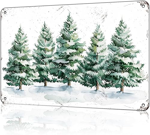 Letrero de hojalata vintage con texto en inglés "Merry Christmas", diseño retro lindo de metal, bosque de montaña, decoración de pared de invierno,