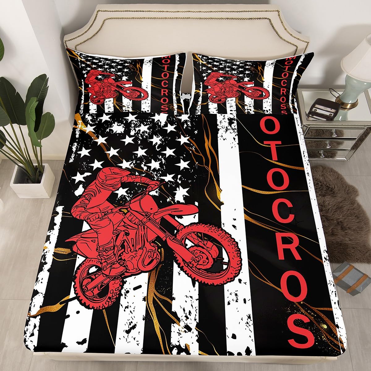 Dirt Bike Fitted Sheet for Teens, American Flag Bedding Set Queen, Motocross Rider Extreme Sport Bed Sheet United States Federations Stars Fitted Bed