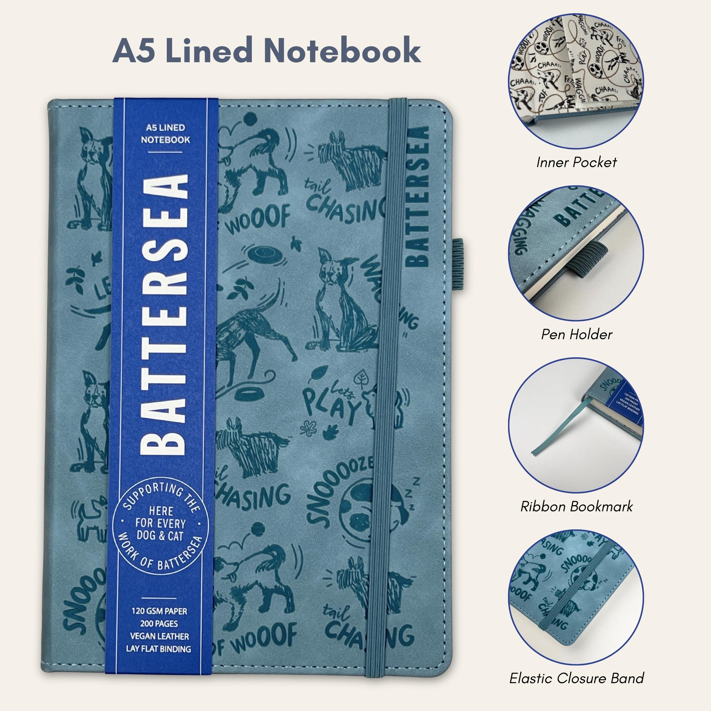 Cardology Battersea Dogs A5 Lined Journal Notebook | Soft Vegan Leather, Debossed Dog Cover in Dusky Blue, Lay-Flat Design, 120gsm thick paper and 200 pages, Charity Stationery Gift for Dog Lovers - Image 2