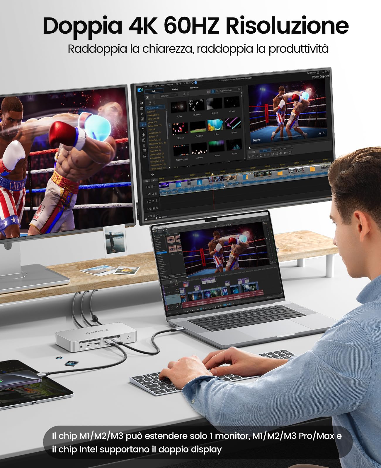 ORICO Thunderbolt 4 Dock 12 in 1 40 Gbps, 85 W + 15 W PD ricarica, doppia 4K/singola 8K, 4 USB, Gigabit Ethernet, SD/TF, AUX, certificato Thunderbolt per M4 MacBook Air & Pro
